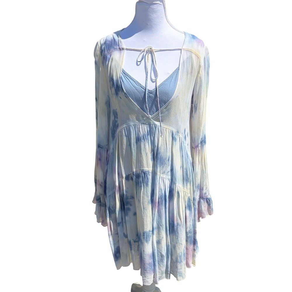 Young Fabulous & Broke Tie Dye Babydoll Mini Dress Blue Purple XS Boho Bell